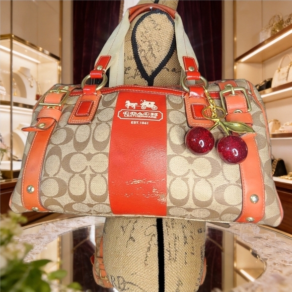 Coach Heritage Strip XL ZIP Satchel With Cherry Charm - Picture 9 of 16